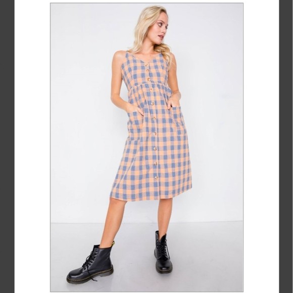 Gilli Orange & Blue Plaid Sleeveless V-neck Midi Dress w/Pockets NEW - Picture 6 of 8